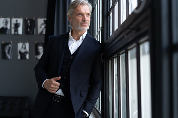 Success concept. Stylish mature bearded man in elegant suit standing near the window