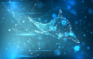 Vector dolphins from dots and lines float on a bright blue background with highlights and flashes.