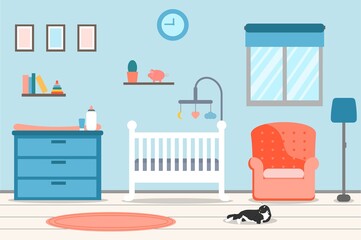 Cute Nursery interior, baby room. Cot chair for mother, framed pictures and chest of drawers. Vector illustration in flat style.