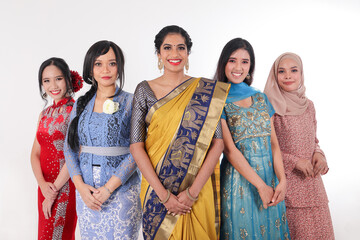 South east Asian Malay Chinese Indian race ethnic origin woman wearing dress costume baju kurung cheongsam samfu kebaya Sharee multiracial community on white background