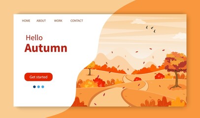 autumn fall cartoon landscape background. trees and hills on the plain. Website Landing Page template. Vector illustration in flat style.
