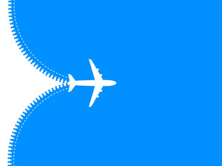 Plane fying on blue sky. Travel tourism transport concept. Passenger aircraft opened sky by zipper. Jet commercial plane. Airplane fly. EPS10.  © katarinanh