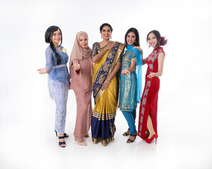 South east Asian Malay Chinese Indian race ethnic origin woman wearing dress costume baju kurung cheongsam samfu kebaya Sharee multiracial community on white background welcome hand gesture