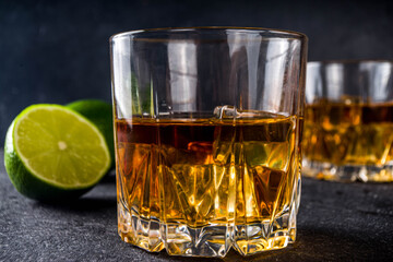 Whiskey with ice in glasses
