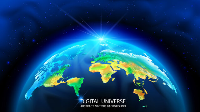 Vector. Realistic 3D image of the planet Earth. World map. Global social network. Internet and technology. Ecological problems. Cosmic nebulae and stars, infinity. Future. Dark blue background.
