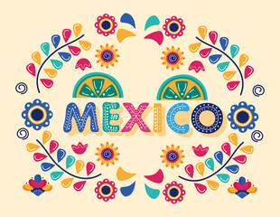 mexico celebration day lettering with lemons and flowers