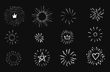 Obraz premium Doodle burst in vintage style on black background. Black vector hand drawn sketch illustration. Sun, starburst, sparkle, sunburst set. Line sparkle explosion. Marker handdrawn line. Retro spark shine