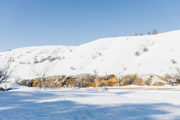 Natural landscape in the country of Uzbekistan near the city of Tashkent. Chimgan mountain in winter