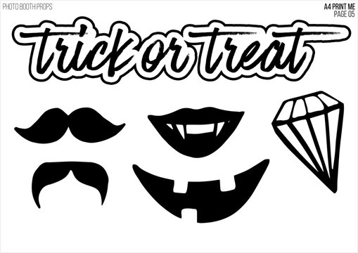 Cartoon halloween photo booth decoration design A4 page 05. Vector illustration template. Black orange silhouette on white background. Halloween party mask for photo booth.