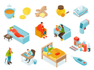Isometric Cold Flu Virus Icon Set