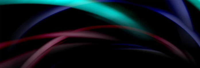 Dynamic motion abstract background. Color blurred stripes on black. Wave liquid lines poster. Vector illustration