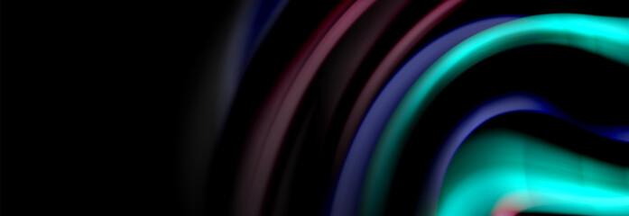 Dynamic motion abstract background. Color blurred stripes on black. Wave liquid lines poster. Vector illustration