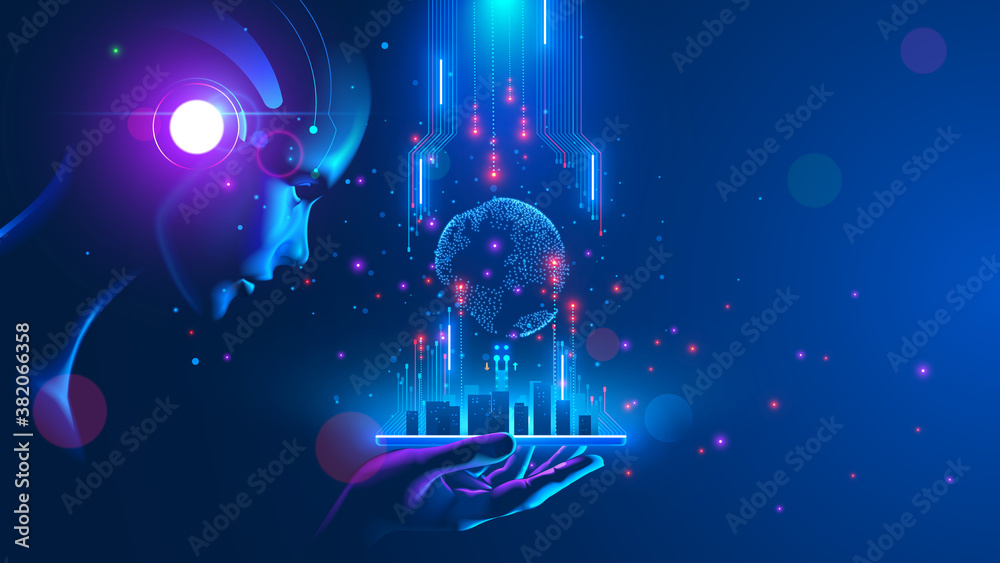 Poster artificial intelligence looking at smart city, connected with planet through global mobile internet 