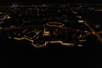 Aerial Townscape of Saint Petersburg City at Night. Peter Pavels Fortress