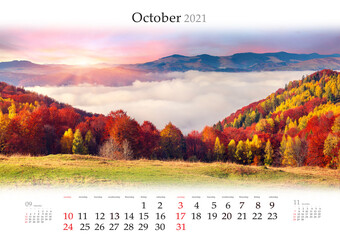 Calendar October 2021, B3 size. Set of calendars with amazing landscapes. Impressive autumn morning in Carpathian mountains. Sokilsky ridge, Ukraine, Europe.