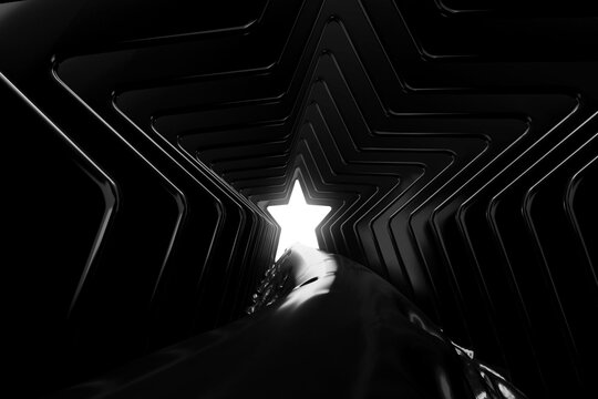 The Concept Of Black And White Art By 3d Rendering Is A Black Cave With A Star-shaped Space And A Pathway That Leads Out Into The White Stars.