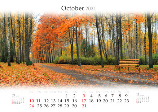Calendar October 2021, B3 size. Set of calendars with amazing landscapes. Calm autumn view of city park. Picturesque outdoor scene of empty park.