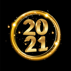 Happy 2021 new year golden number with bright sparkles. Festive premium design template for greeting card, calendar, banner. glowing lights circle on black background. Vector illustration