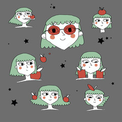 Happy girls with apples on the colorful background