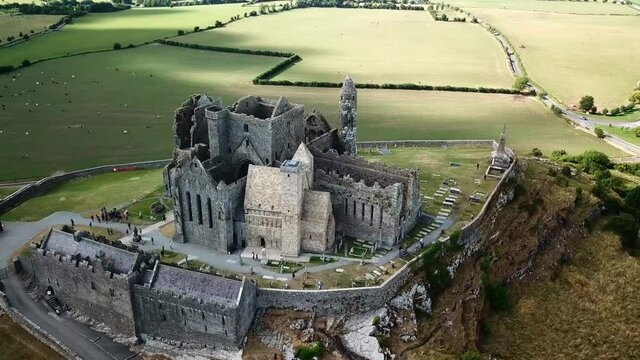 Flight around the ruins of the Rock of Cashel in Ireland drone slowly flight