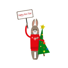 New Year's rabbit with a festive tree and a sign "Happy New Year".