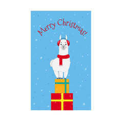 New Year's llama standing on boxes with gifts.