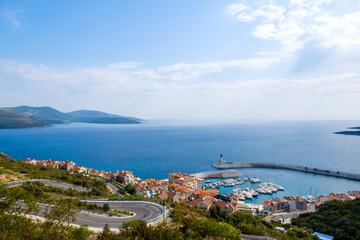 Fototapeta premium Scenic view on Lustica Bay, Montenegro. Coastline port with a lighthouse