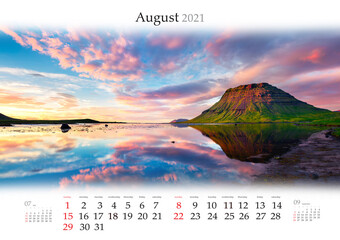 Calendar August 2021, B3 size. Set of calendars with amazing landscapes. Colorful summer sunset with Kirkjufell Mountain on background. Evening scene Iceland, Europe.