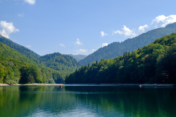 Fototapeta na wymiar Panoramic view of Biogradsko lake. National park Biogradska gora in Montenegro.