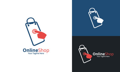 Online Shop Logo designs Template. Illustration vector graphic of shop bag and smartphone combination logo design concept. Perfect for Ecommerce,sale, discount or store web element. Company emblem.