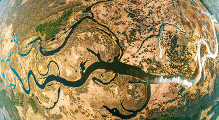 Aerial View River Landscape In Sunny Spring Day. Top View Of Beautiful European Nature From High Attitude. Drone View. Bird's Eye View. Little Small Planet Concept. Panorama