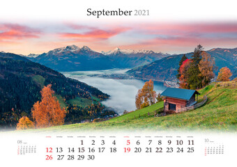 Calendar September 2021, B3 size. Set of calendars with amazing landscapes. Fantastic morning scene of Zell lake. Great autumn sunrise in Zel am See, Austria, Europe. - obrazy, fototapety, plakaty