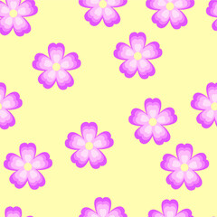 Fototapeta na wymiar Seamless pattern with pink flowers on a yellow background. Use for fabric, wrapping paper, wallpaper, print, backdrops, baby clothes, napkins.