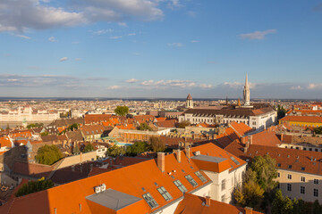 View of the rooftops of the historic Old Town of Budapest from a height. Hungary
