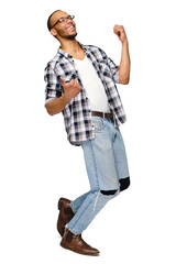 Young African-American man yes win gesturing over white background