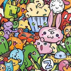 Nice doodle smiling creatures seamless pattern for child prints, designs and coloring books. Rabbit, cream, dino, cat, ufo, cactus
