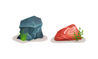 Uneven Stone or Rock with Plant Growing Nearby Vector Set