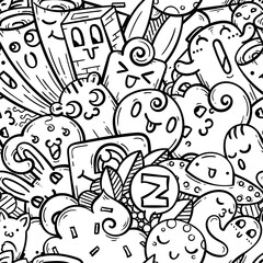 Kawaii doodle smiling monsters seamless pattern for child prints, designs and coloring books. Ufo, rabbits, cream and clouds