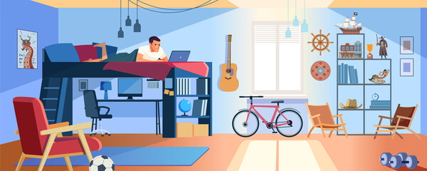 Student Learning Online at Home. Young Teen lying at bunk bed, Looking at Laptop and Studying. Dormitory room interior. Online Education Concept. Stay at home. Cartoon style Vector Illustration
