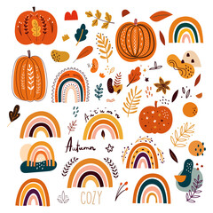 Vector collection of Halloween Pumpkins and Autumn Rainbows. Design for holidays Halloween and Thanksgiving Day