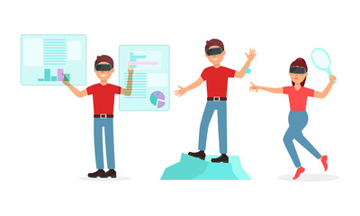 People Characters in Augmented Reality Glasses Playing Game Vector Illustration Set