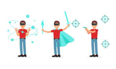 Man Character in Augmented Reality Glasses Playing Game Vector Illustration Set