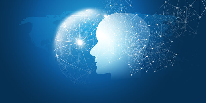 Machine Learning, Artificial Intelligence, Cloud Computing and Networks Design Concept with Human or Robot Face and Network Mesh