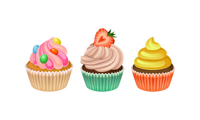 Cupcakes with Whipped Cream and Berry Vector Set