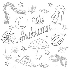 Autumn themed doodle set. Traditional symbols: rain, fallen leaves, raincoat, rain boots, umbrella, fall harvest.