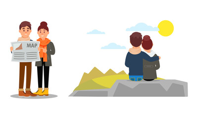 Young Couple Travelling on Vacation Vector Illustration Set