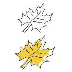 yellow autumn leaf and outline doodle leaf