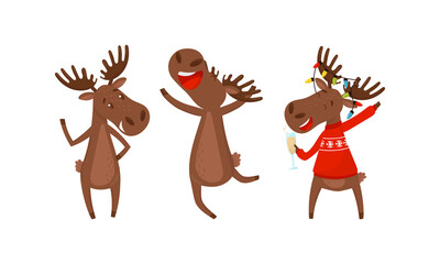 Funny Deer or Moose with Antlers and Hooves Vector Set