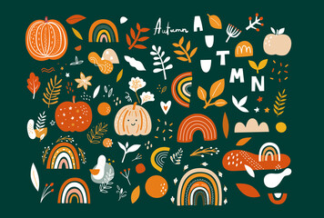 Vector collection with autumn symbols and elements. Autumn pumpkins and Rainbows	
