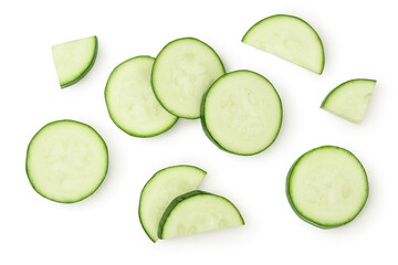 Fresh sliced zucchini isolated on white background with clipping path and full depth of field. Top...